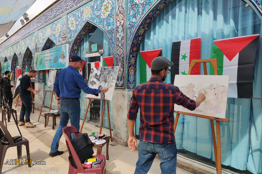 عکس خبری | روایت طراحان و نقاشان جبهه مقاومت از طوفان‌الأقصى در حرم حضرت زینب(س)