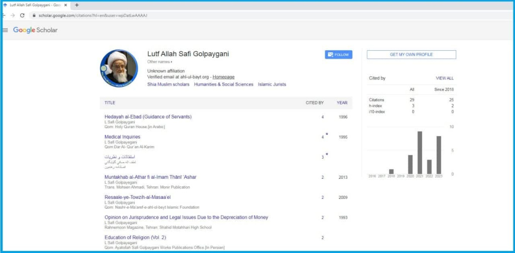 AhlulBayt (a.s.) World Assembly creates Google Scholar profile for Grand Ayatollah Safi Golpaygani